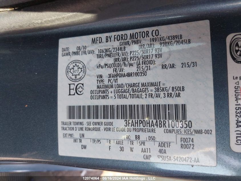 2011 Ford Fusion Se VIN: 3FAHP0HA4BR100350 Lot: 12074064