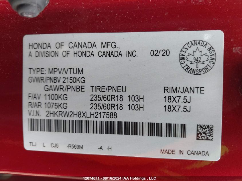 2020 Honda Cr-V VIN: 2HKRW2H8XLH217588 Lot: 12074071