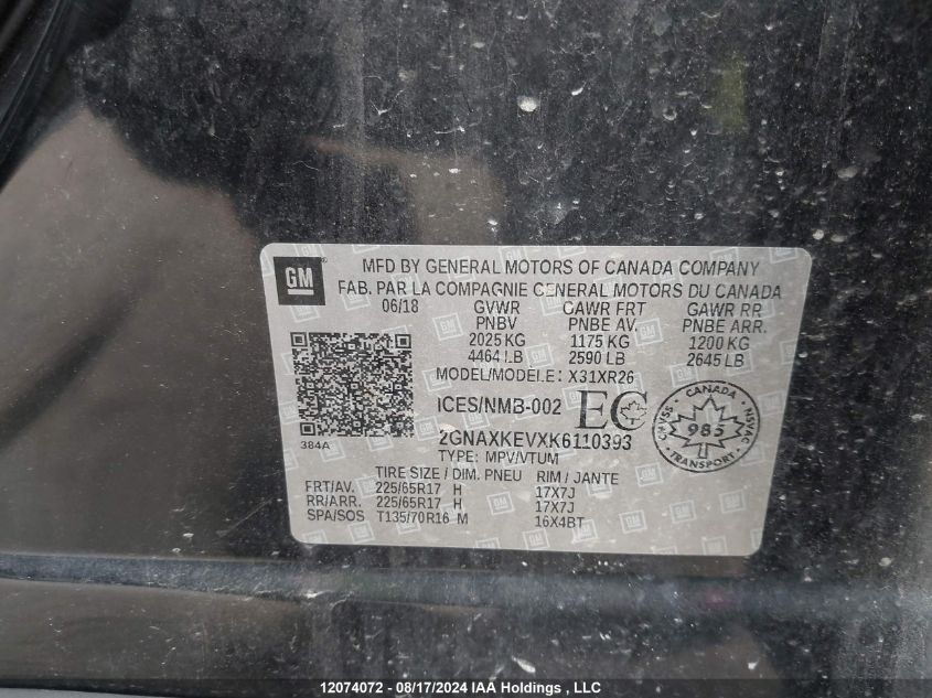 2019 Chevrolet Equinox VIN: 2GNAXKEVXK6110393 Lot: 12074072