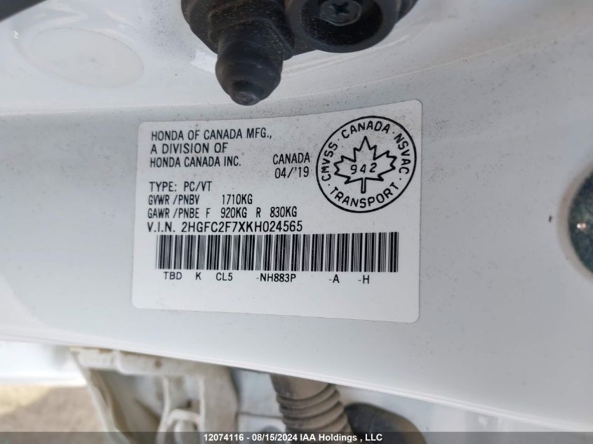 2019 Honda Civic Ex VIN: 2HGFC2F7XKH024565 Lot: 12074116