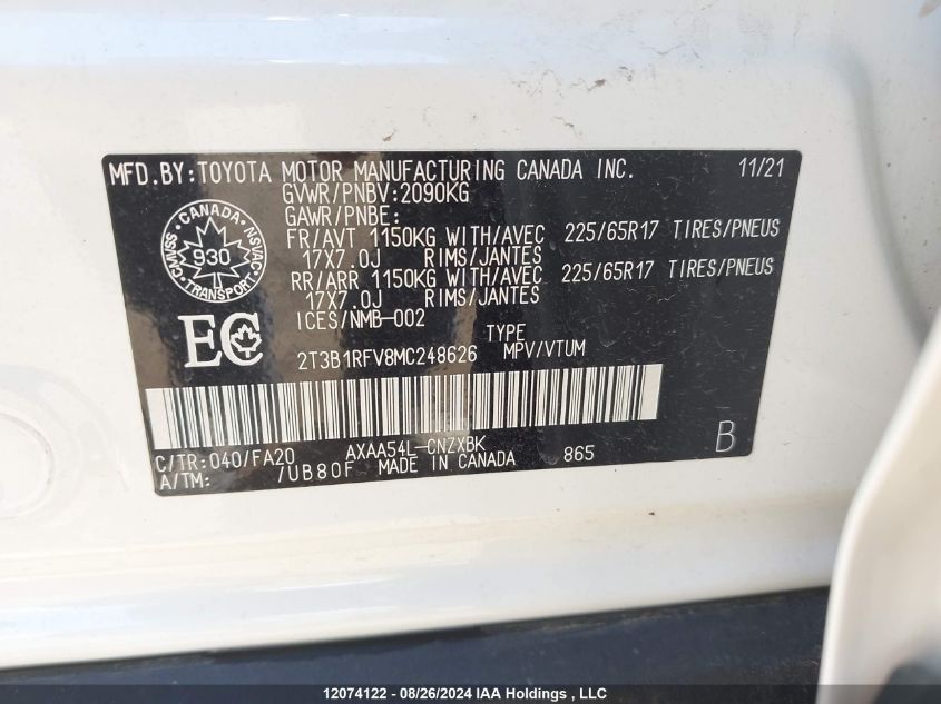 2T3B1RFV8MC248626 2021 Toyota Rav4 Le