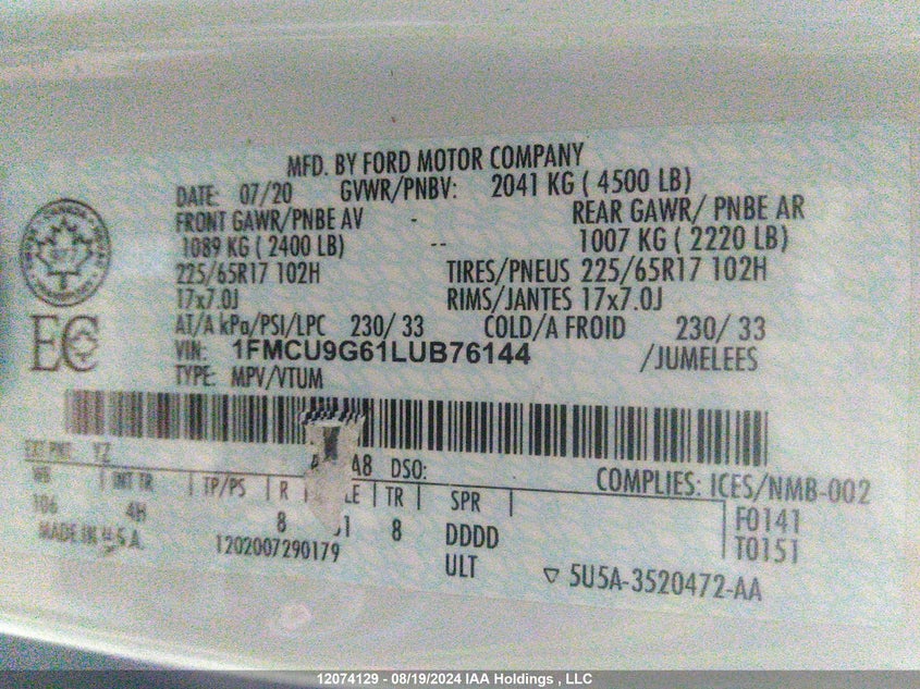 2020 Ford Escape Se VIN: 1FMCU9G61LUB76144 Lot: 12074129