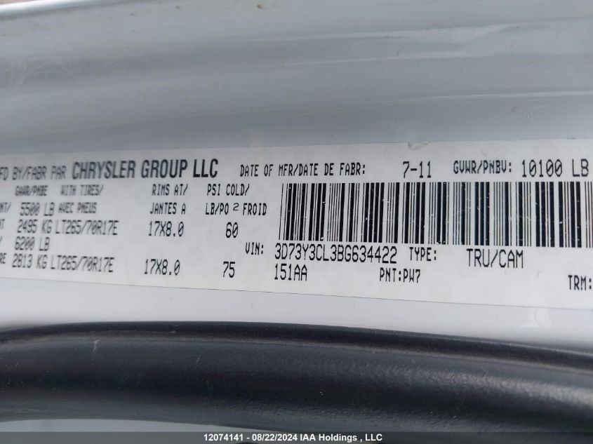 2011 Ram Ram 3500 Slt VIN: 3D73Y3CL3BG634422 Lot: 12074141