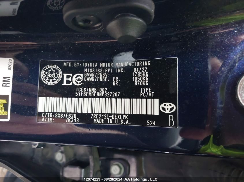 5YFBPMBE9NP327207 2022 Toyota Corolla