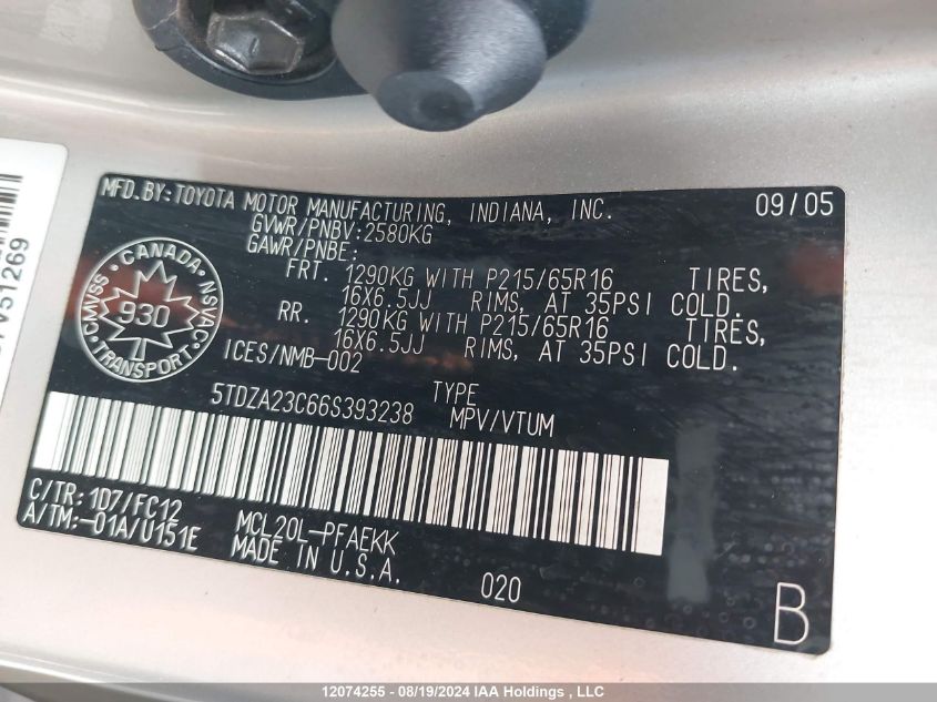 2006 Toyota Sienna Ce/Le VIN: 5TDZA23C66S393238 Lot: 12074255