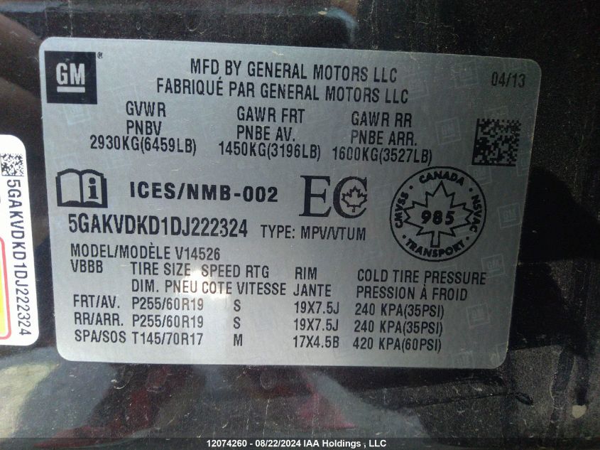 2013 Buick Enclave VIN: 5GAKVDKD1DJ222324 Lot: 12074260