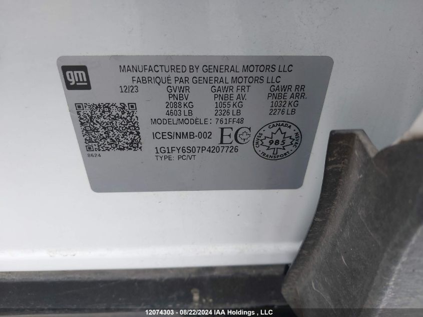 2023 Chevrolet Bolt Euv Lt VIN: 1G1FY6S07P4207726 Lot: 12074303