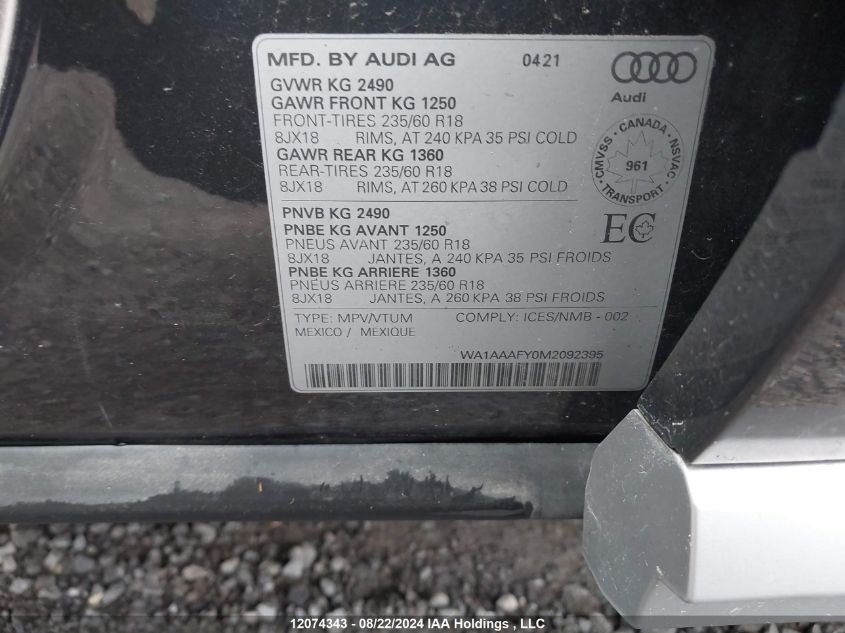 2021 Audi Q5 Premium VIN: WA1AAAFY0M2092395 Lot: 12074343