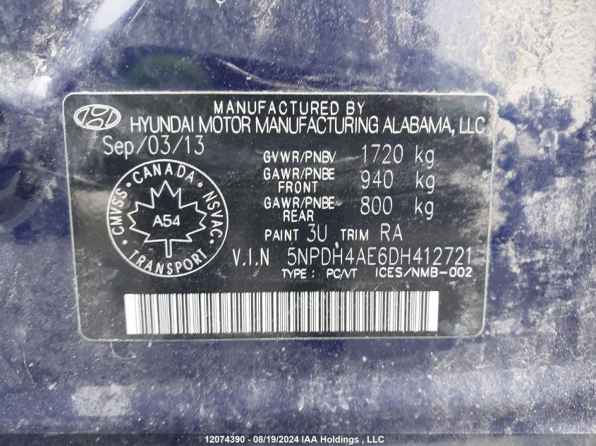 2013 Hyundai Elantra Gl VIN: 5NPDH4AE6DH412721 Lot: 12074390