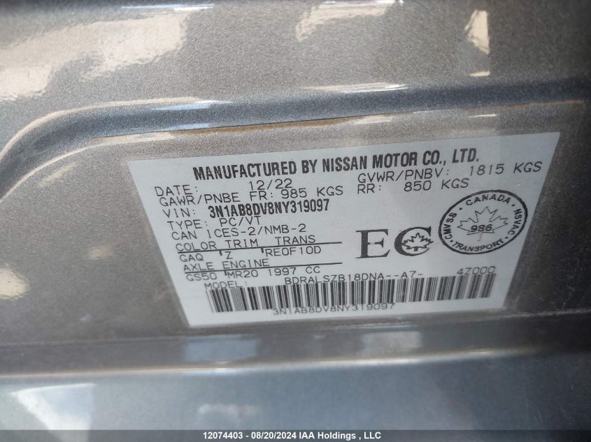 2022 Nissan Sentra VIN: 3N1AB8DV8NY319097 Lot: 12074403