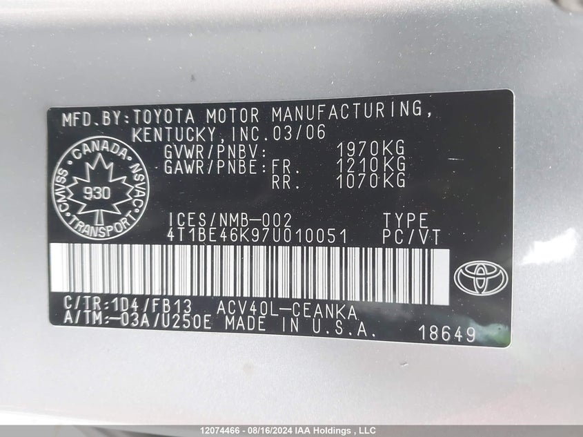 2007 Toyota Camry Le/Se VIN: 4T1BE46K97U010051 Lot: 12074466