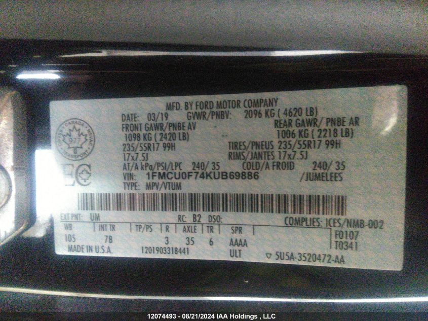 1FMCU0F74KUB69886 2019 Ford Escape S