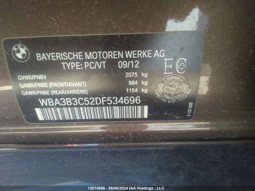 2013 BMW 328 Xi VIN: WBA3B3C52DF534696 Lot: 12074586