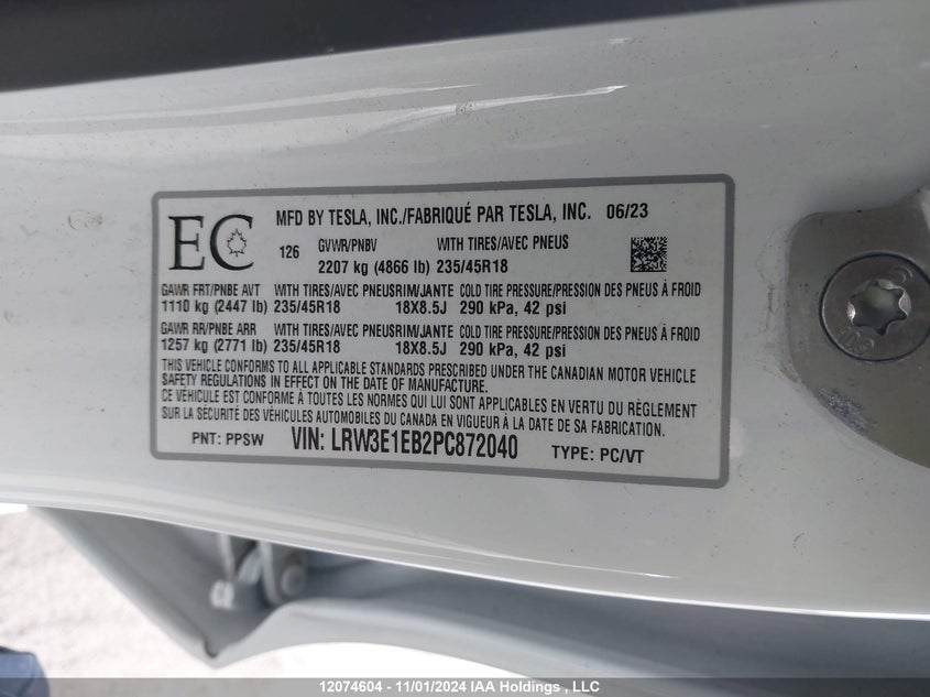 2023 Tesla Model 3 VIN: LRW3E1EB2PC872040 Lot: 12074604