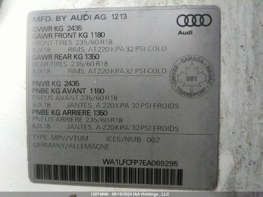 2014 Audi Q5 VIN: WA1LFCFP7EA069295 Lot: 12074646