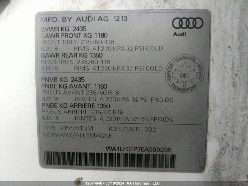 2014 Audi Q5 VIN: WA1LFCFP7EA069295 Lot: 12074646