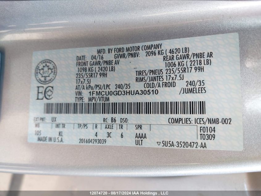 2017 Ford Escape VIN: 1FMCU0GD3HUA30510 Lot: 12074720