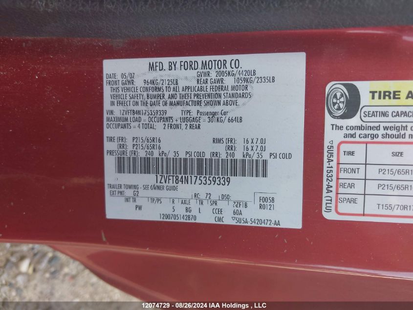 2007 Ford Mustang VIN: 1ZVFT84N175359339 Lot: 12074729