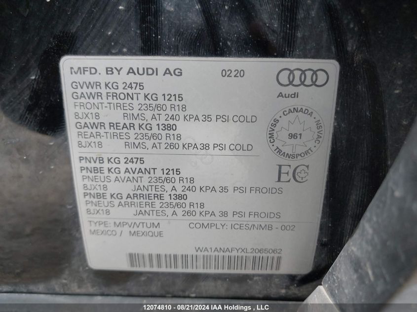 2020 Audi Q5 VIN: WA1ANAFYXL2065062 Lot: 12074810