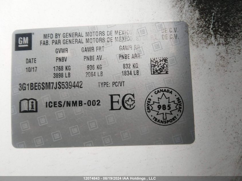 2018 Chevrolet Cruze VIN: 3G1BE6SM7JS539442 Lot: 12074843