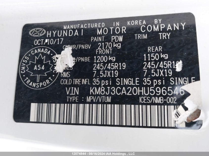 2017 Hyundai Tucson Limited/Sport And Eco/Se VIN: KM8J3CA20HU596546 Lot: 12074844