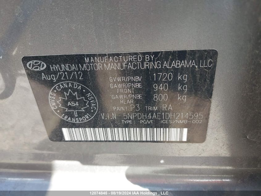2013 Hyundai Elantra Gl VIN: 5NPDH4AE1DH214595 Lot: 12074845