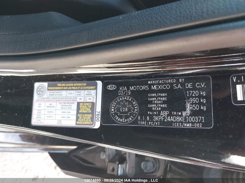 3KPF24AD8KE100371 2019 Kia Forte