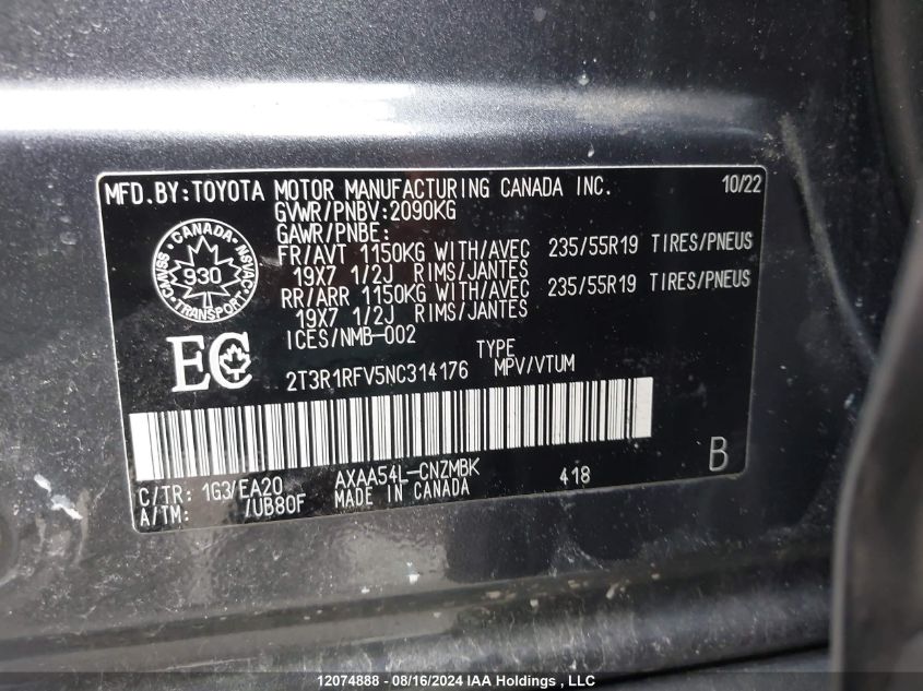 2022 Toyota Rav4 Xle VIN: 2T3R1RFV5NC314176 Lot: 12074888