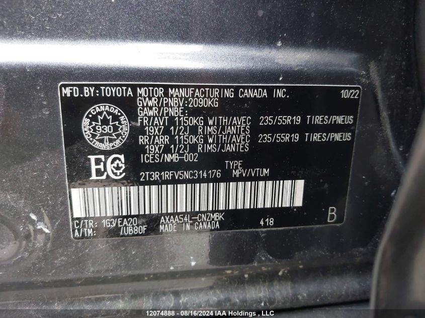 2022 Toyota Rav4 Xle VIN: 2T3R1RFV5NC314176 Lot: 12074888