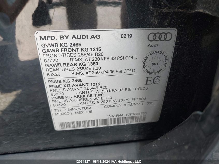 2019 Audi Q5 Technik S-Line VIN: WA1FNAFY7K2066755 Lot: 12074927