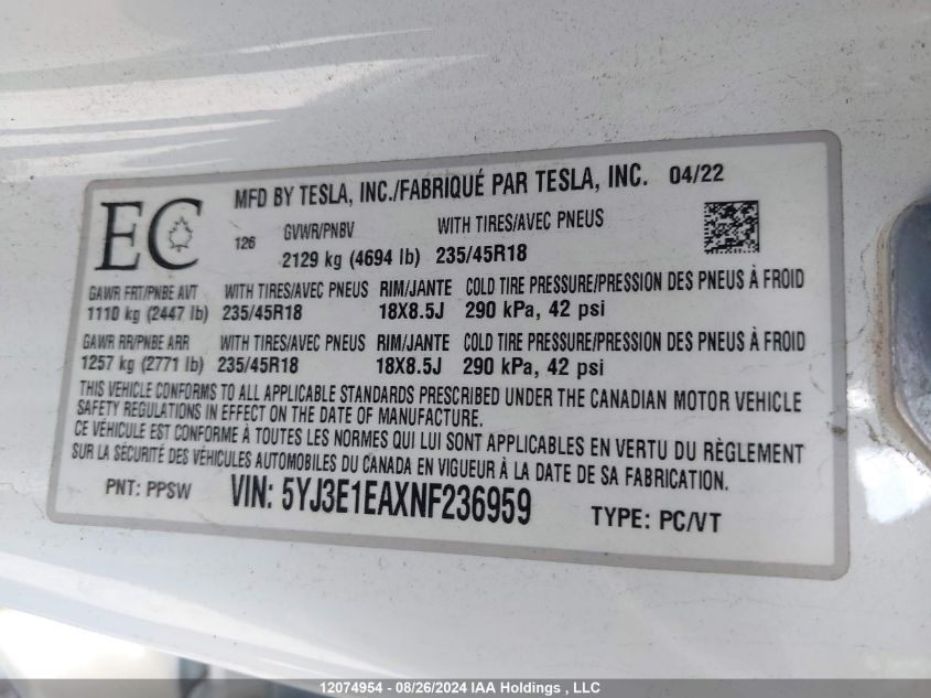 5YJ3E1EAXNF236959 2022 Tesla Model 3