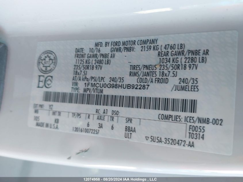 2017 Ford Escape Se VIN: 1FMCU0G98HUB92287 Lot: 12074958