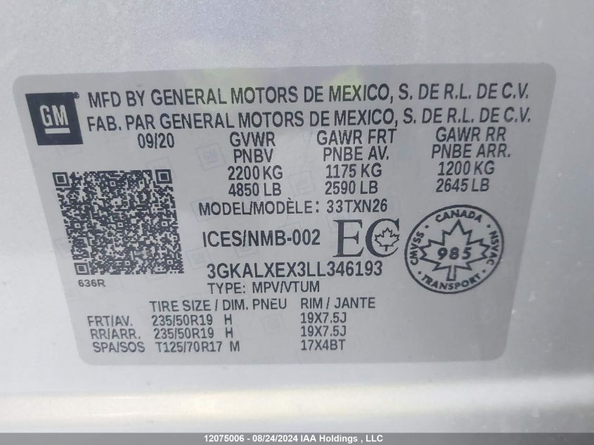 2020 GMC Terrain VIN: 3GKALXEX3LL346193 Lot: 12075006