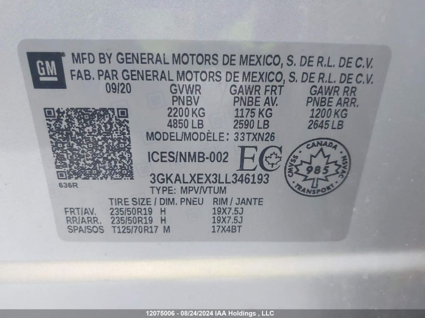 2020 GMC Terrain VIN: 3GKALXEX3LL346193 Lot: 12075006