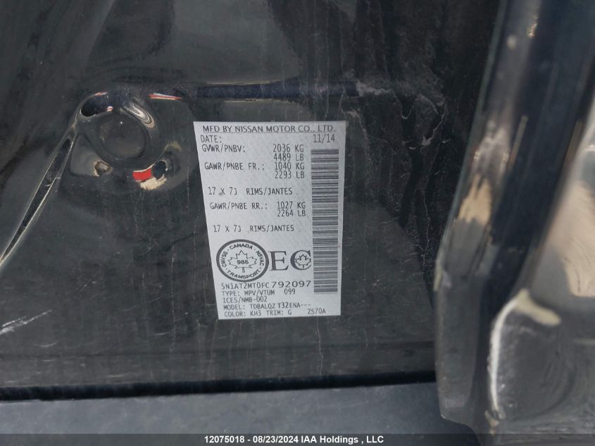 2015 Nissan Rogue S/Sl/Sv VIN: 5N1AT2MT0FC792097 Lot: 12075018