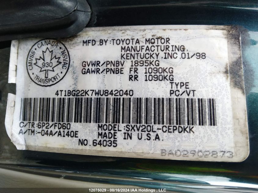 1998 Toyota Camry Ce/Le/Xle VIN: 4T1BG22K7WU842040 Lot: 12075029