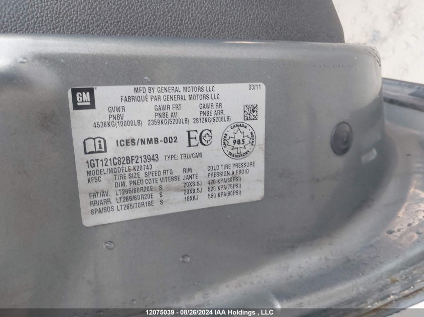 2011 GMC Sierra 2500Hd VIN: 1GT121C82BF213943 Lot: 12075039