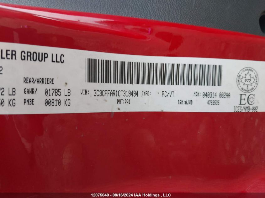 2012 Fiat 500 Pop VIN: 3C3CFFAR1CT319494 Lot: 12075040