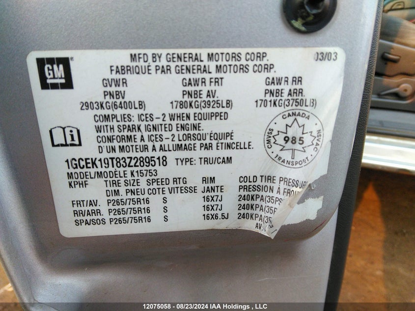 2003 Chevrolet Silverado 1500 VIN: 1GCEK19T83Z289518 Lot: 12075058