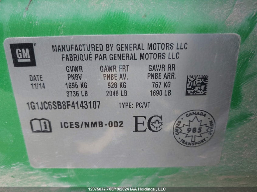 2015 Chevrolet Sonic VIN: 1G1JC6SB8F4143107 Lot: 12075077