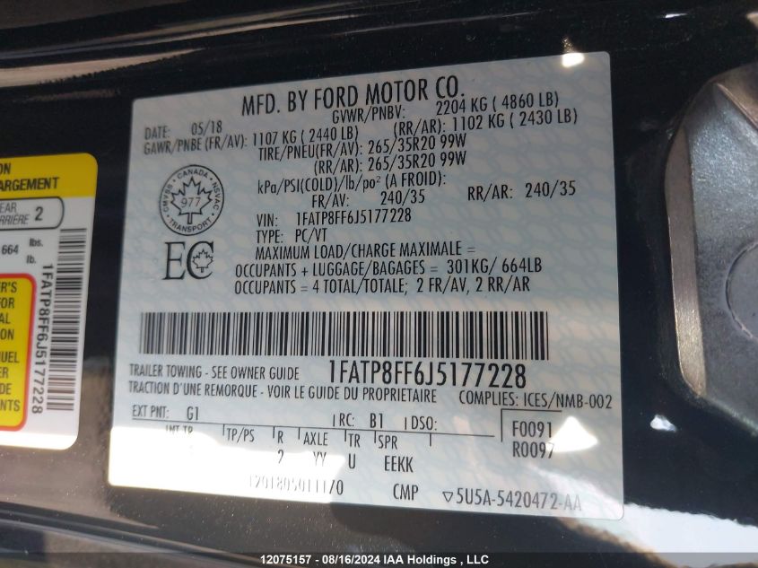 2018 Ford Mustang Gt Premium VIN: 1FATP8FF6J5177228 Lot: 12075157