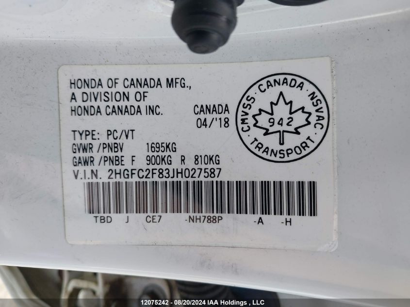 2018 Honda Civic VIN: 2HGFC2F83JH027587 Lot: 12075242