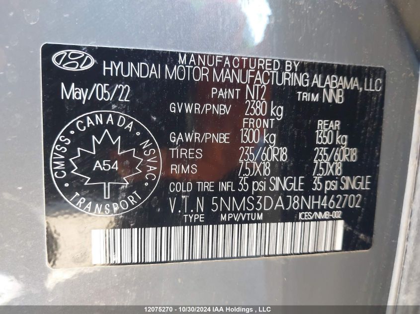 2022 Hyundai Santa Fe Sel VIN: 5NMS3DAJ8NH462702 Lot: 12075270