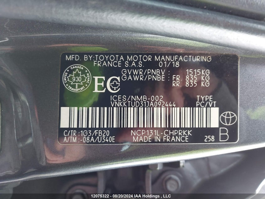 VNKKTUD31JA092444 2018 Toyota Yaris L/Le/Se