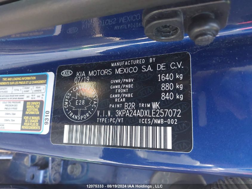 3KPA24ADXLE257072 2020 Kia Rio