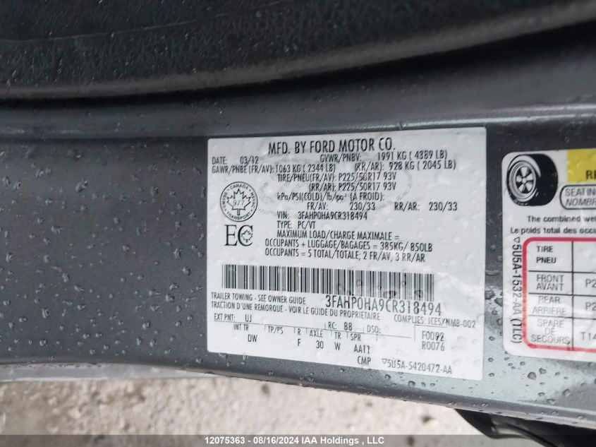 2012 Ford Fusion Se VIN: 3FAHP0HA9CR318494 Lot: 12075363