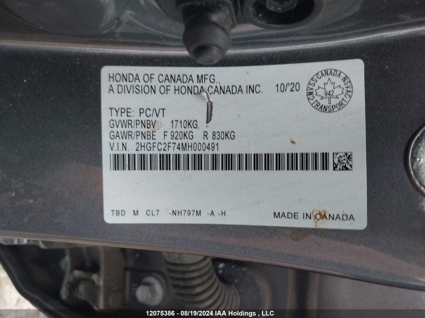 2HGFC2F74MH000491 2021 Honda Civic Ex