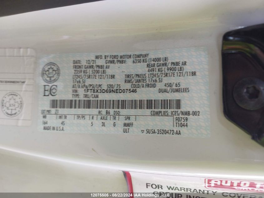 2022 Ford F350 Super Duty VIN: 1FT8X3D69NED07546 Lot: 12075505