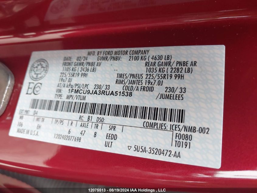 2024 Ford Escape Platinum VIN: 1FMCU9JA3RUA51538 Lot: 12075513