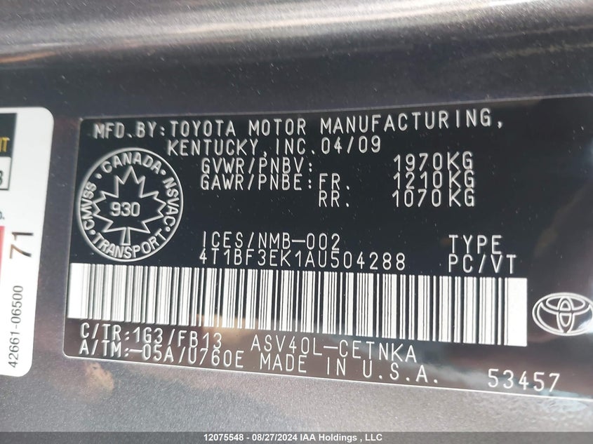 2010 Toyota Camry Se/Le/Xle VIN: 4T1BF3EK1AU504288 Lot: 12075548